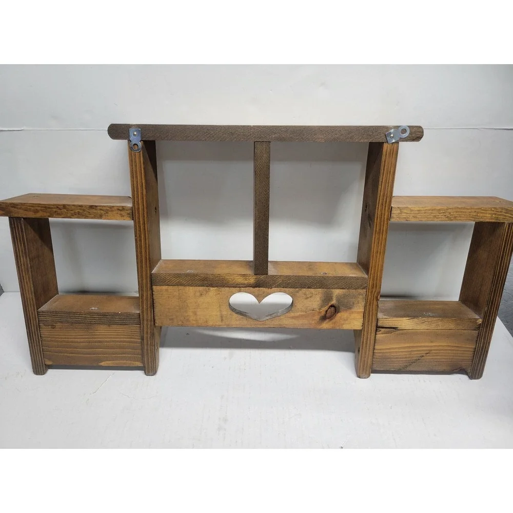 Vintage Rustic Wood Wall Shelf Heart Cutout 2 Pegs Farmhouse Tiered Display 26in